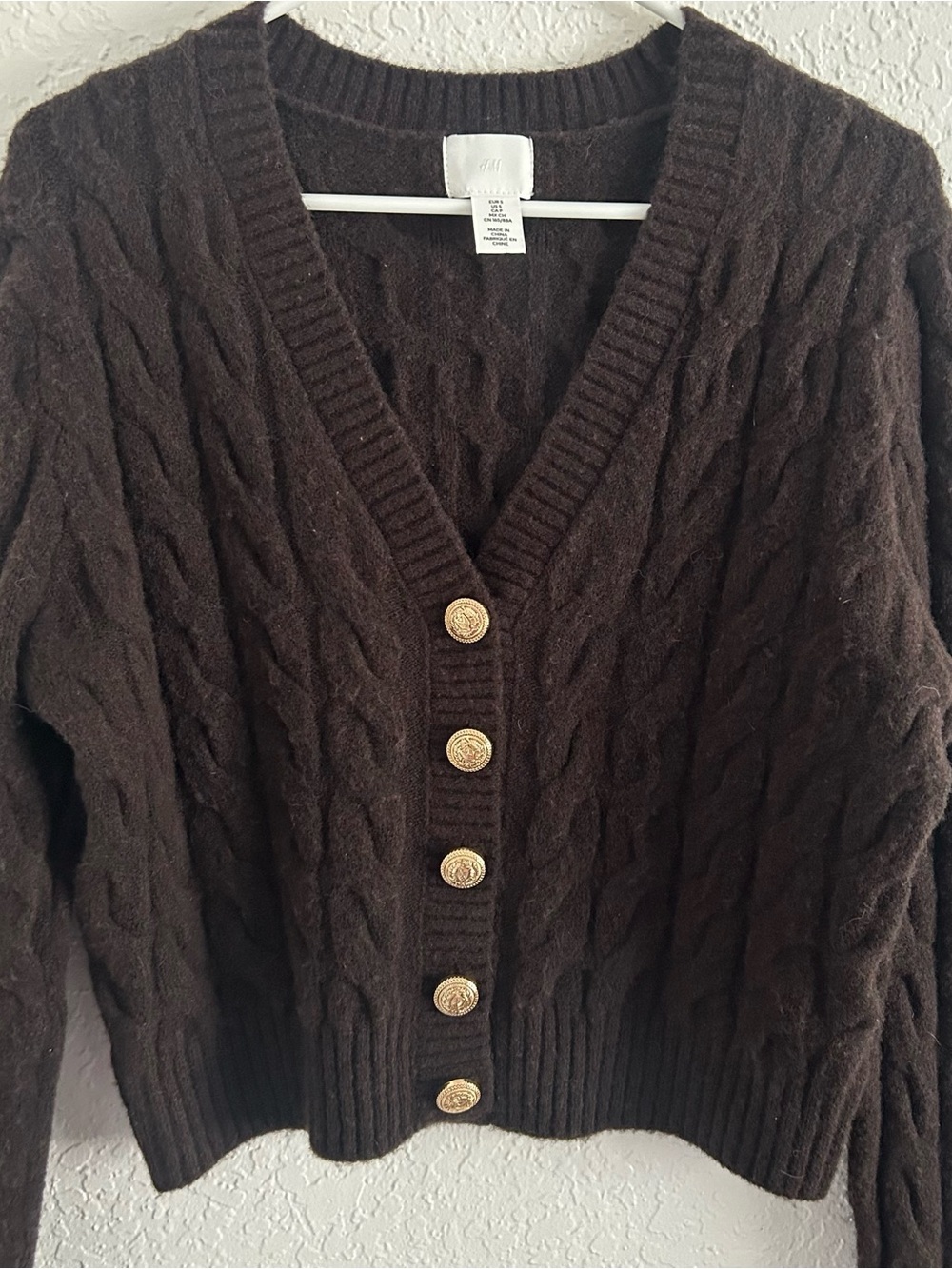 H&M Dark Brown Cable Knit Cardigan with Gold Buttons